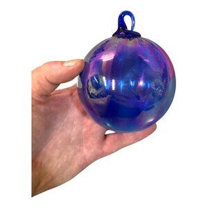 Large Handblown Glass Christmas Ornament Iridescent Cobalt Blue Purple Vintage